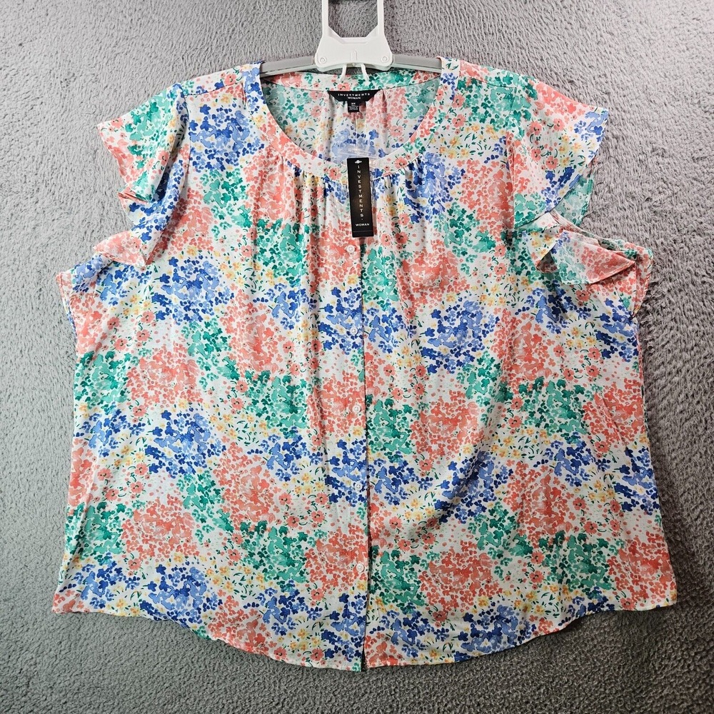 NWT Investments Top Blouse Women 3X Colorful Floral Button Up Ruffle‎ Sleeve